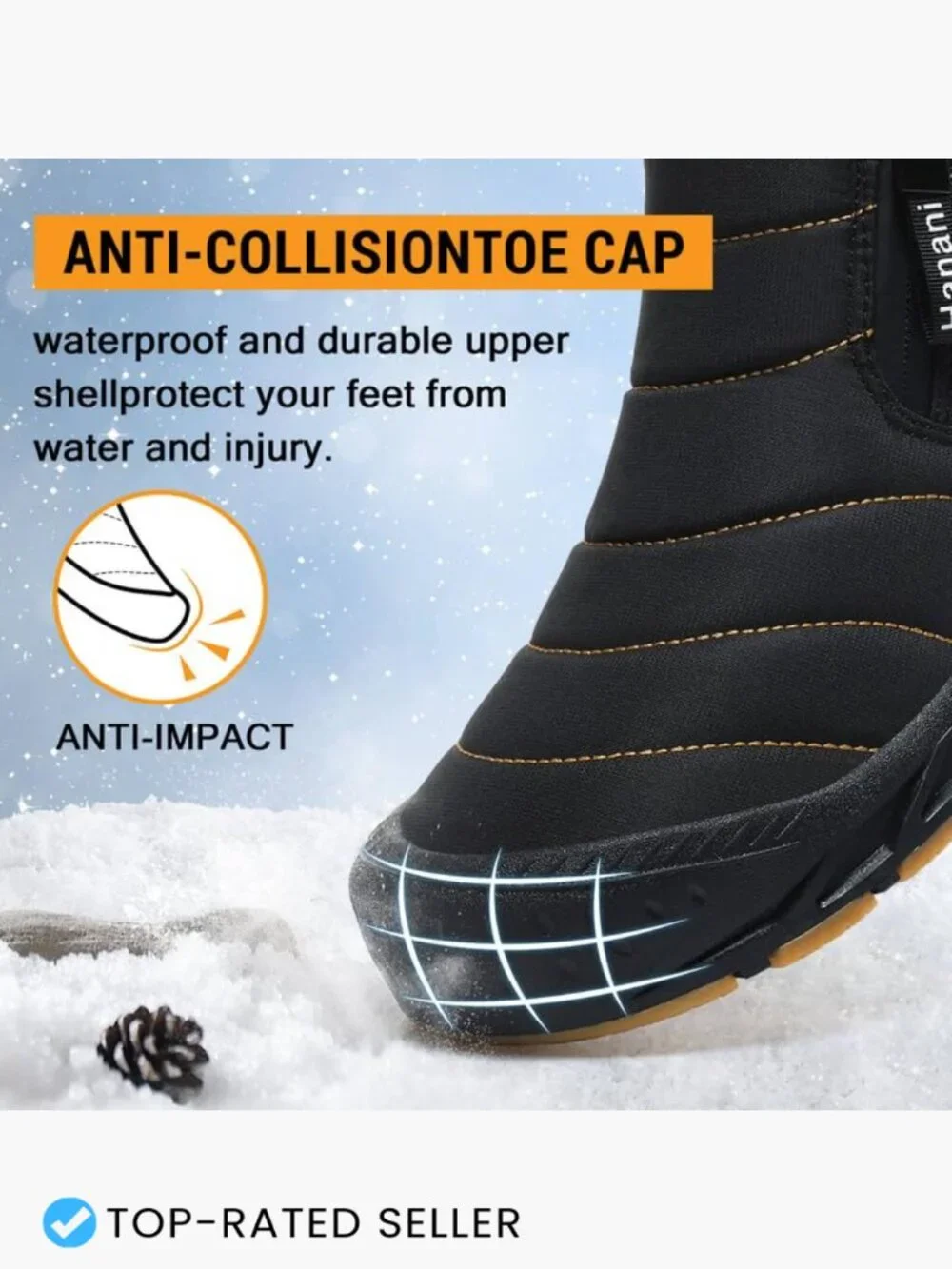 Men's Waterproof Snow Boots Warm Fur Lined Ankle Boots with Side Zipper Slip On